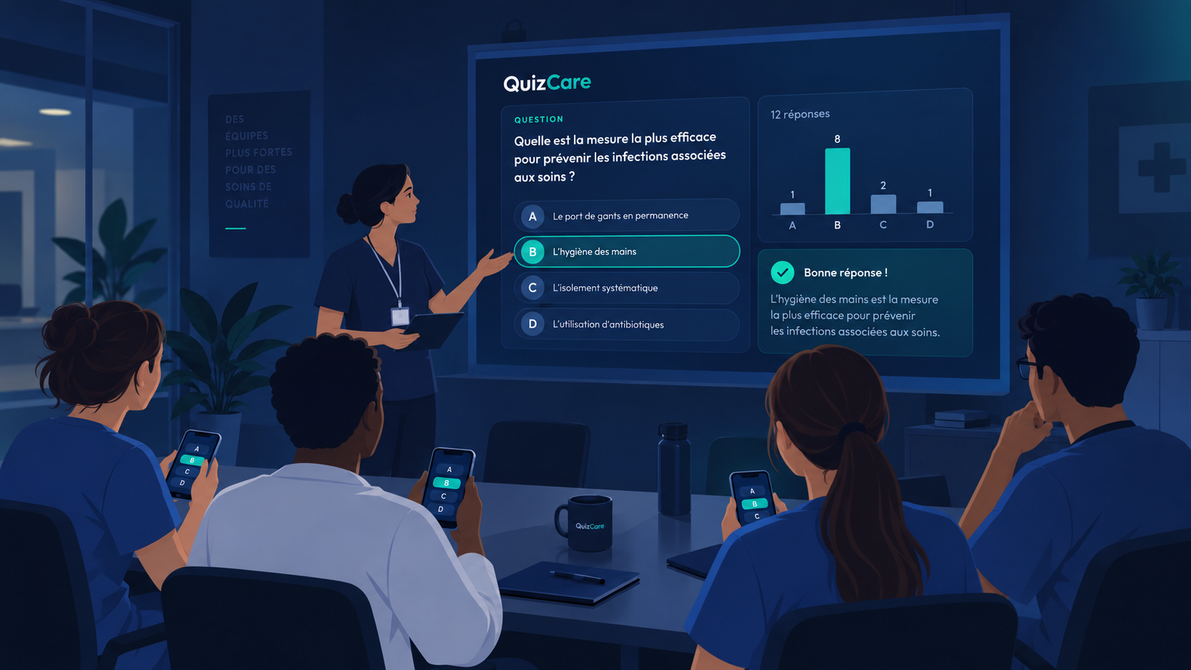 Une séance QuizCare : une question projetée, une équipe soignante qui répond depuis ses téléphones